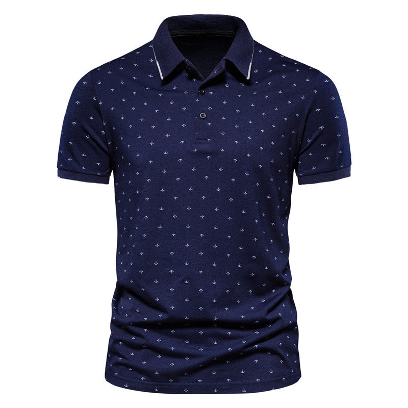 Summer new casual slim European and American men's fashion anchor print short-sleeved lapel T-shirt