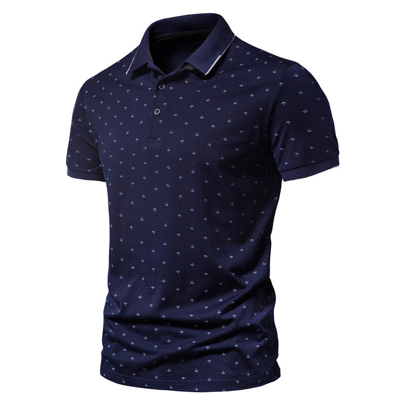 Summer new casual slim European and American men's fashion anchor print short-sleeved lapel T-shirt