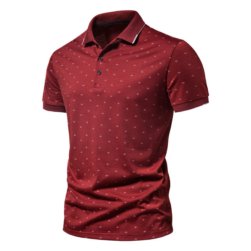 Summer new casual slim European and American men's fashion anchor print short-sleeved lapel T-shirt