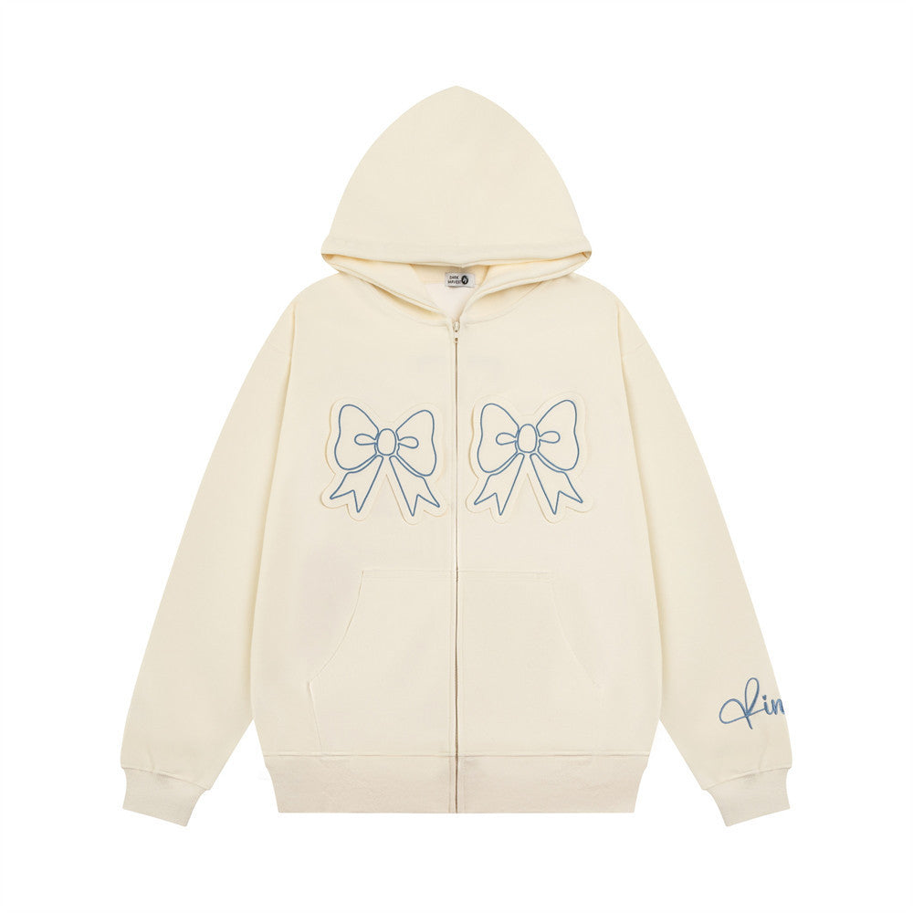 Bow Paste Cloth Embroidery Hooded Cardigan Sweater