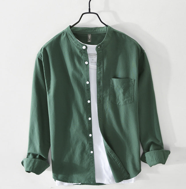 Fashion Stand-Up Collar Solid Color Simple Youth Long-Sleeved Cotton Shirt