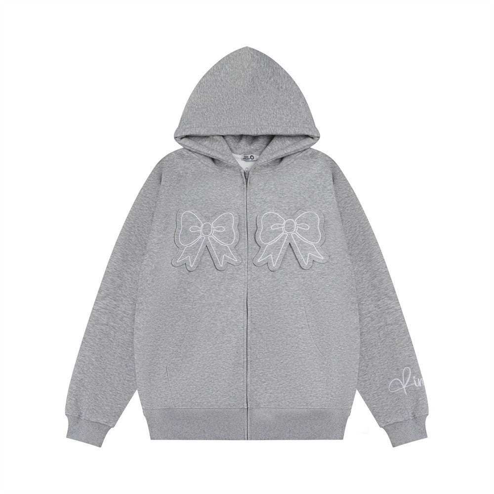 Bow Paste Cloth Embroidery Hooded Cardigan Sweater